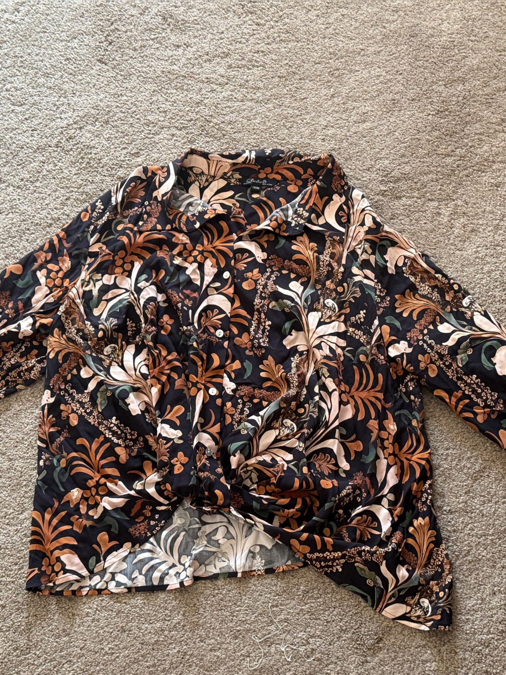 CHARLIE B Black Floral Twist-Front Blouse with Tan and Cream Accents